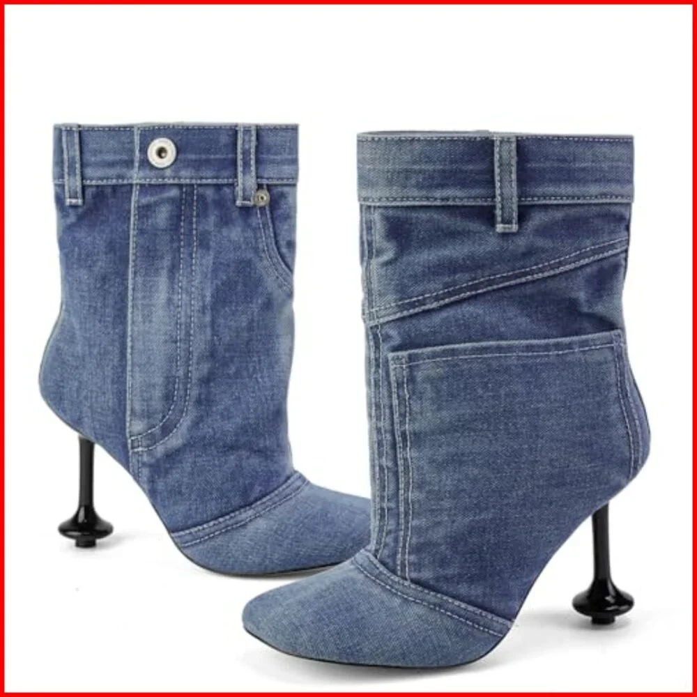 Vintage Denim Stiletto Heel Cowboy Boots with Pockets, Mid Calf - Picture 4 of 7